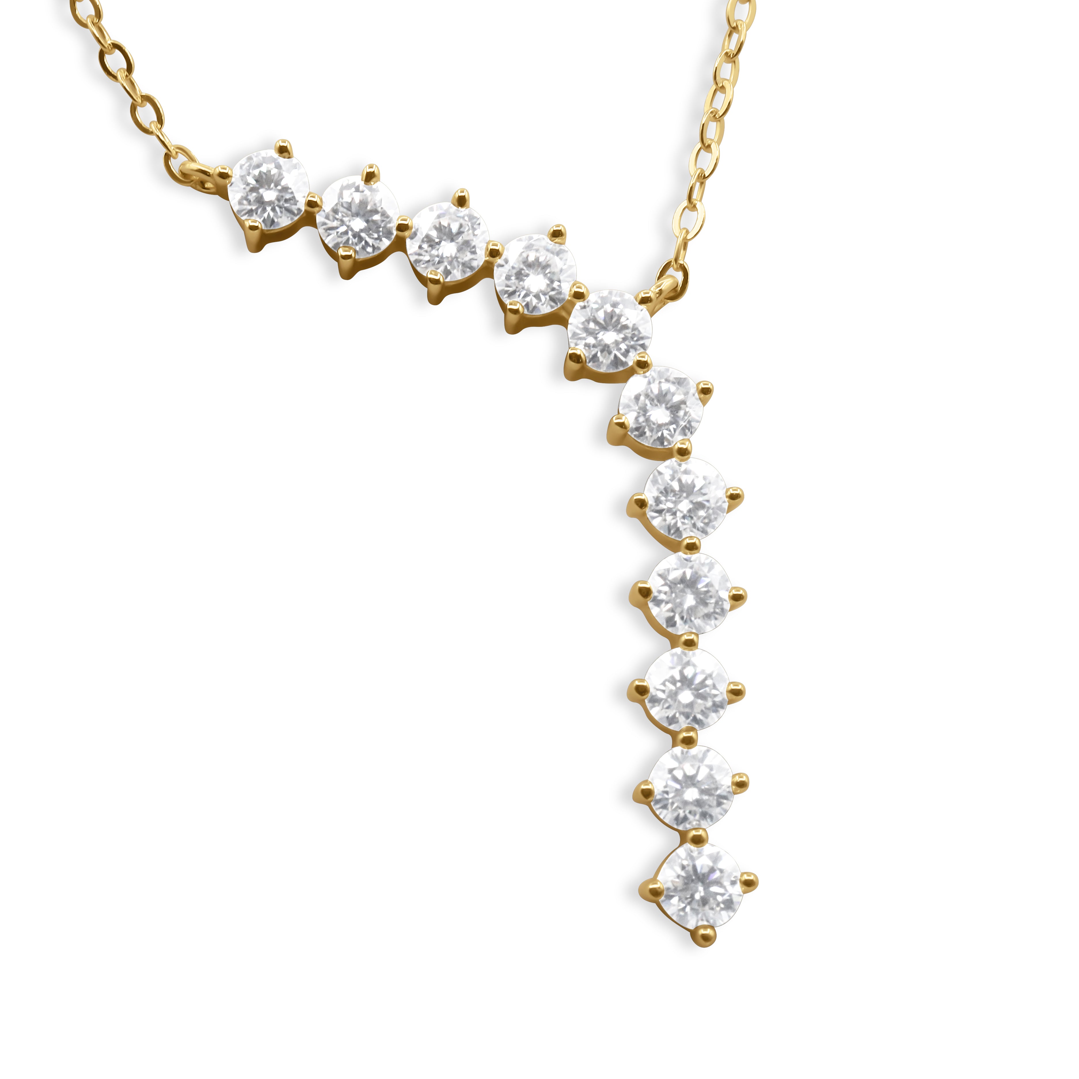Close-up of graduating cubic zirconia crystal drop pendant  gold chain, prong-set round stones in cascading diagonal line - Ruby Waterfall Necklace by J.Collins Jewelry 