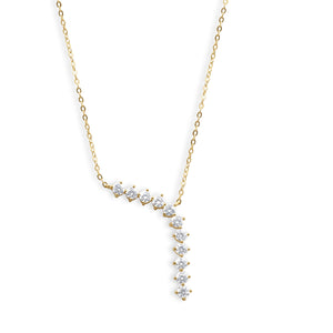 Gold necklace with staggered round cubic zirconia stones forming diagonal bar and long drop pendant, fine chain — Ruby Waterfall Necklace by J.Collins