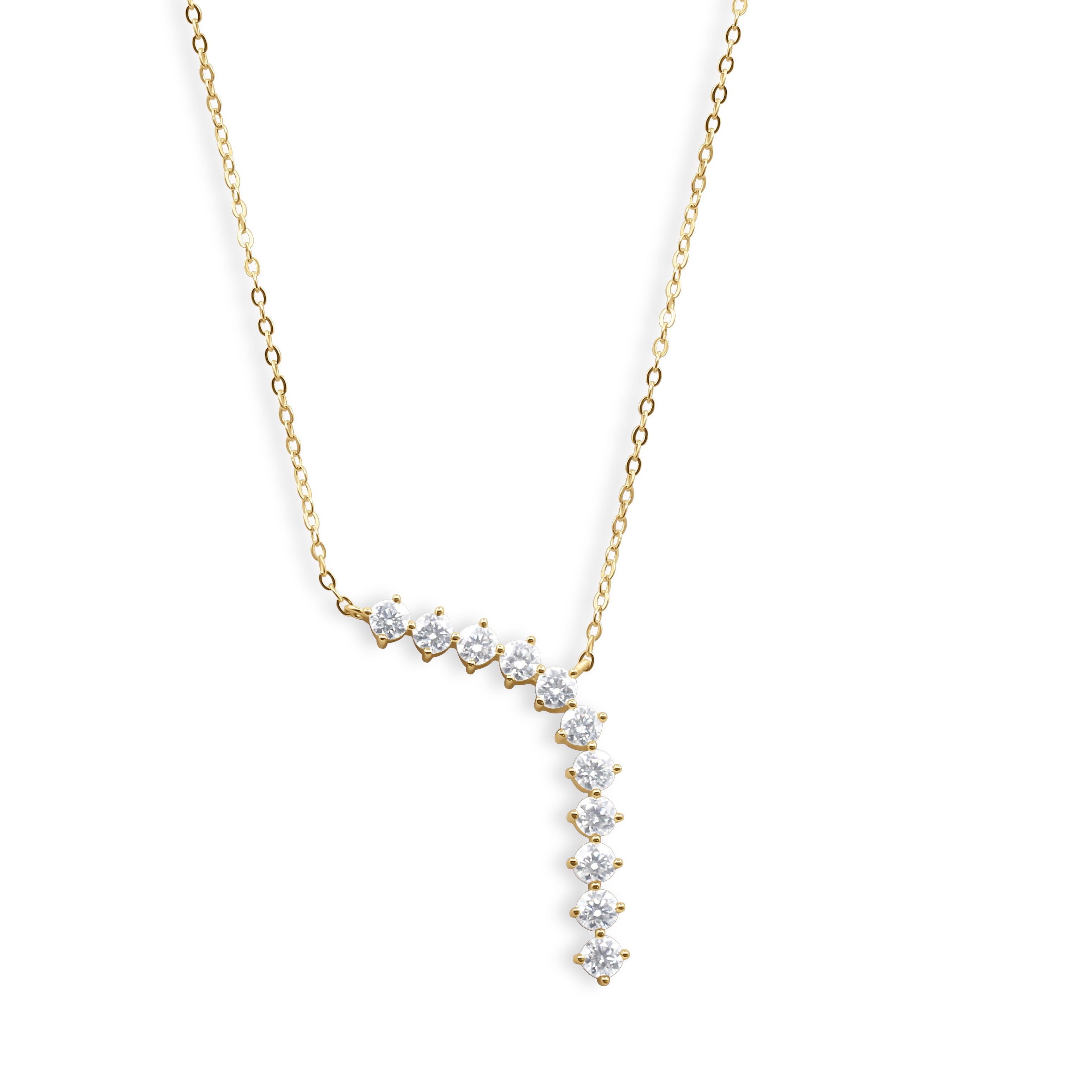 Gold necklace with staggered round cubic zirconia stones forming diagonal bar and long drop pendant, fine chain — Ruby Waterfall Necklace by J.Collins