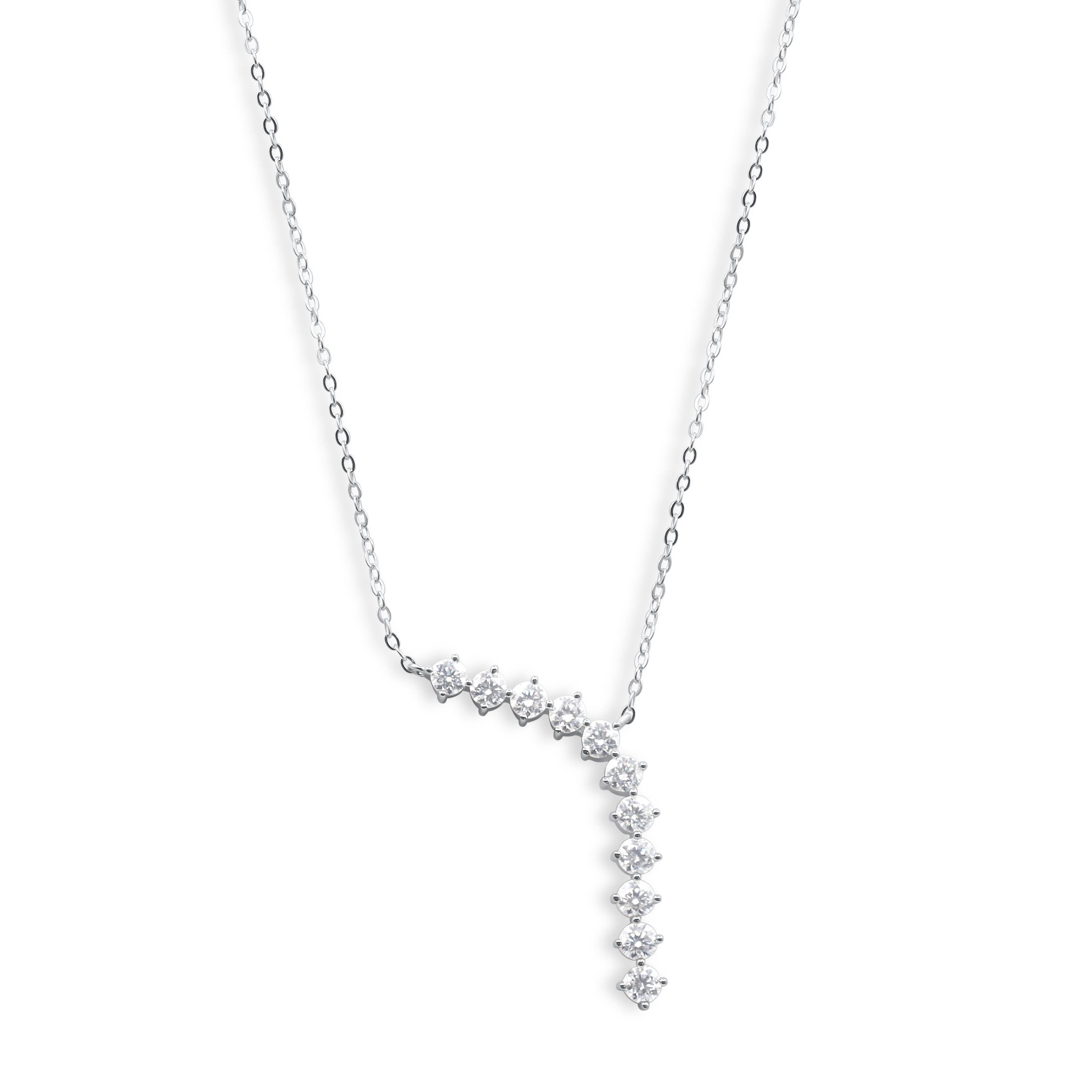 Sterling silver necklace with asymmetric cubic zirconia diagonal bar and vertical drop pendant, delicate chain - Ruby Waterfall Necklace by J.Collins Jewelry 