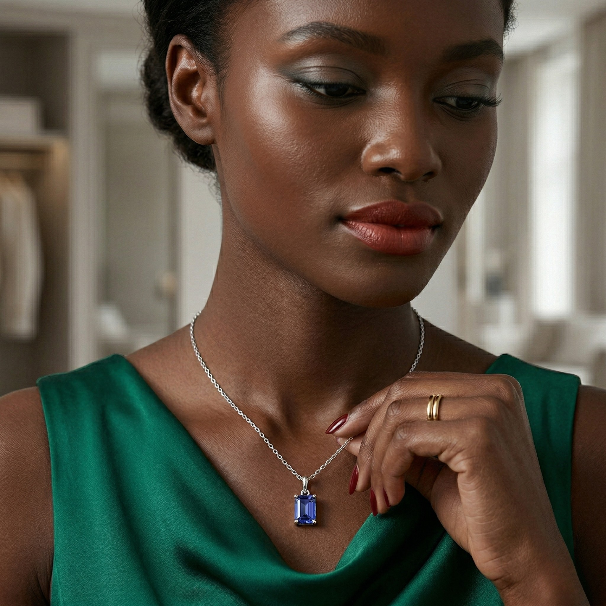 Woman wearing emerald cut blue sapphire solitaire pendant necklace on silver cable chain styled with green satin dress in elegant setting - J. Collin Jewelry 