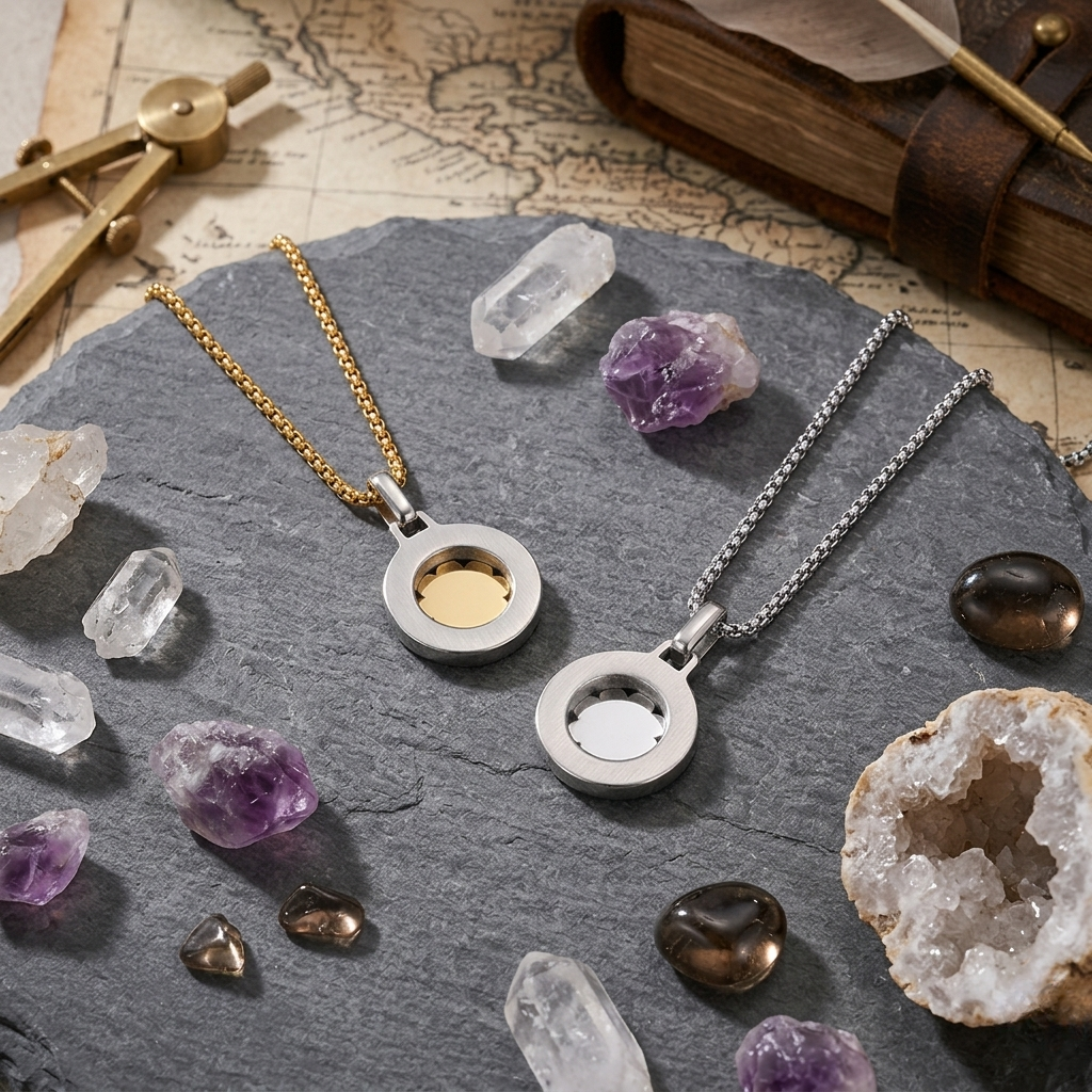 Two necklaces on a stone surface with crystals and a map in the background - Savana Star Pendant (Silver) - J. Collins Jewelry 