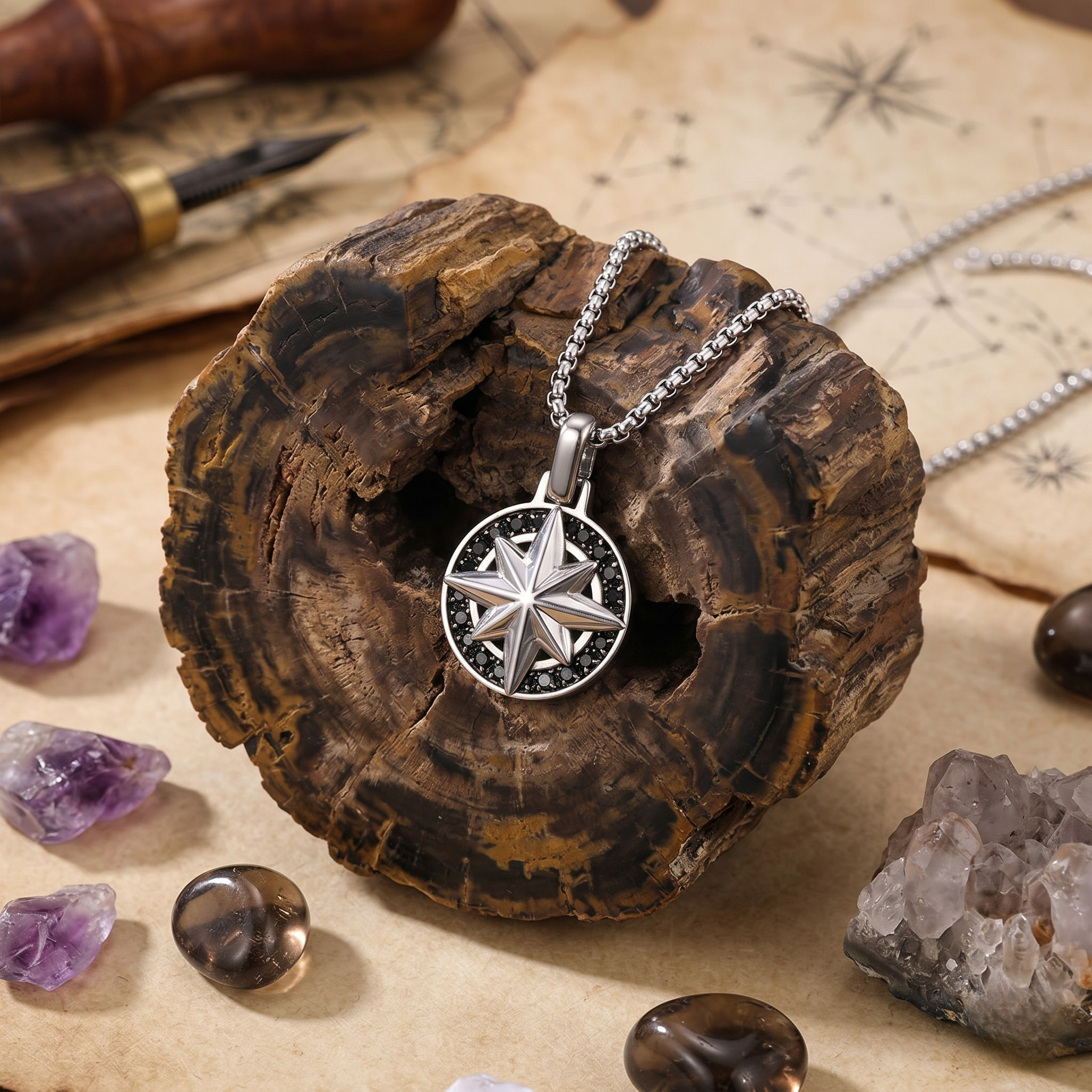 Silver star pendant necklace on a wooden surface with crystals and maps - Savana Star Pendant (Silver) - J. Collins Jewelry 