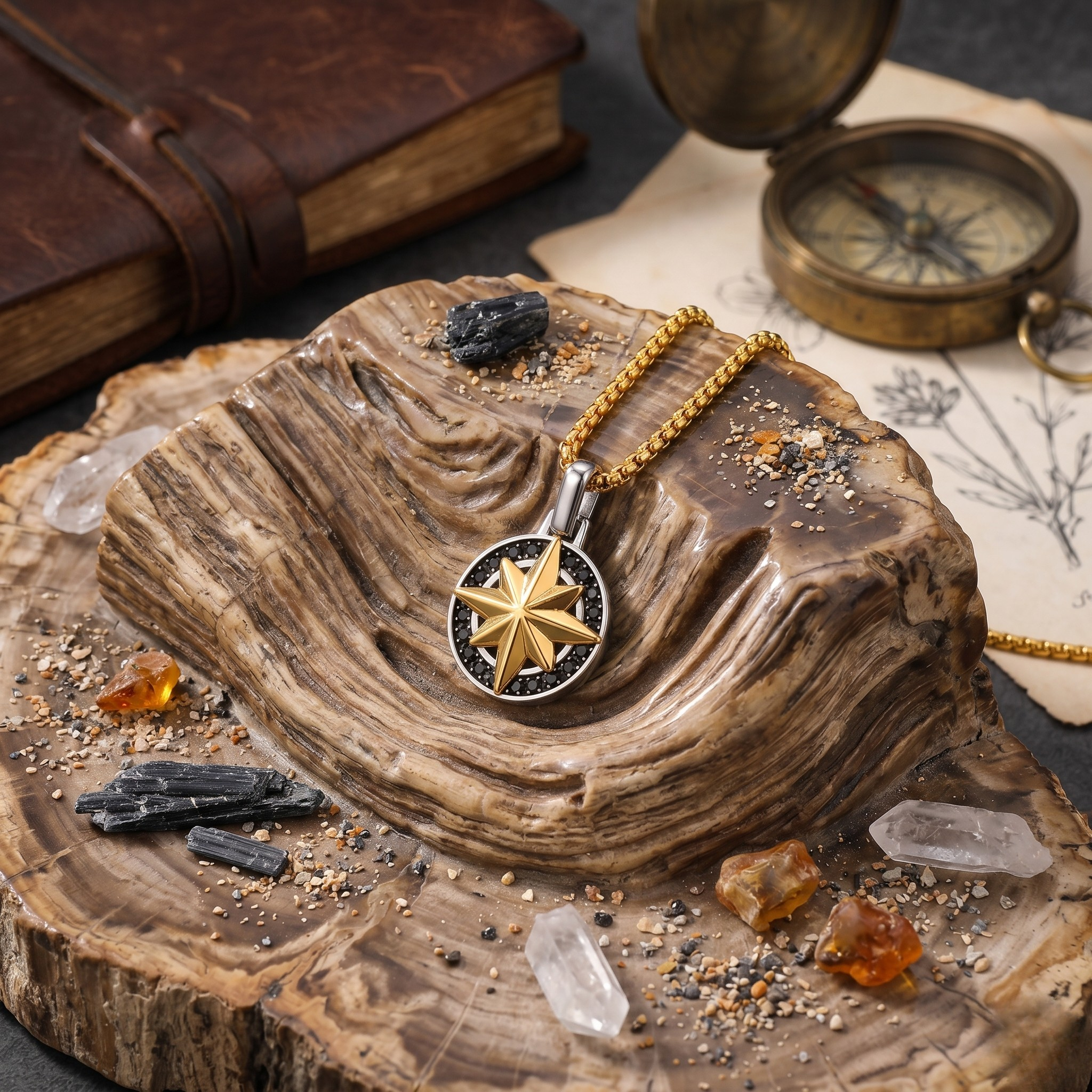 Two-tone gold and silver north star compass pendant necklace on gold box chain displayed on petrified wood with black tourmaline crystals, vintage compass and leather journal background - Savannah Star Pendant- J. Collins Jewelry 