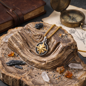 Two-tone gold and silver north star compass pendant necklace on gold box chain displayed on petrified wood with black tourmaline crystals, vintage compass and leather journal background - Savannah Star Pendant- J. Collins Jewelry 