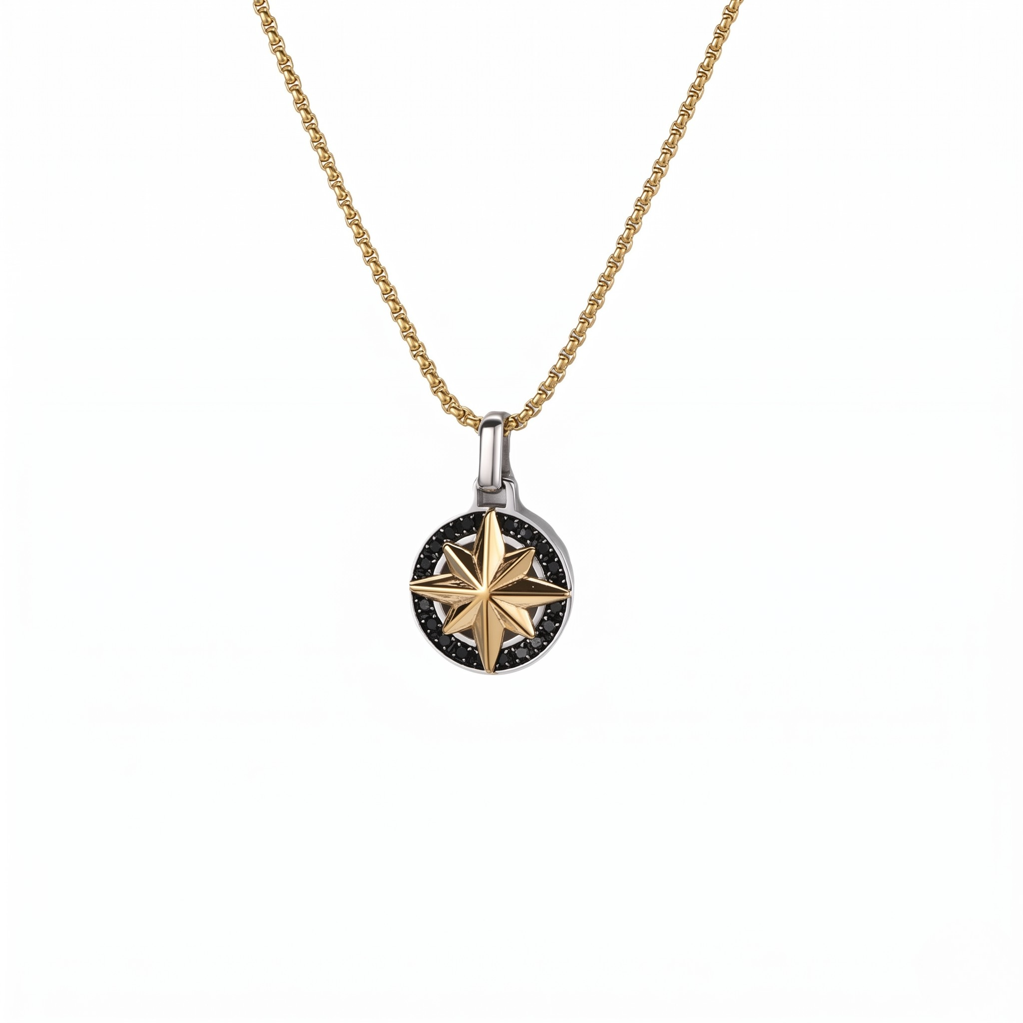 Two-tone gold and silver north star compass pendant necklace with black crystal halo on gold box chain, white background - Savannah Star Pendant (Gold) - J. Collins Jewelry 