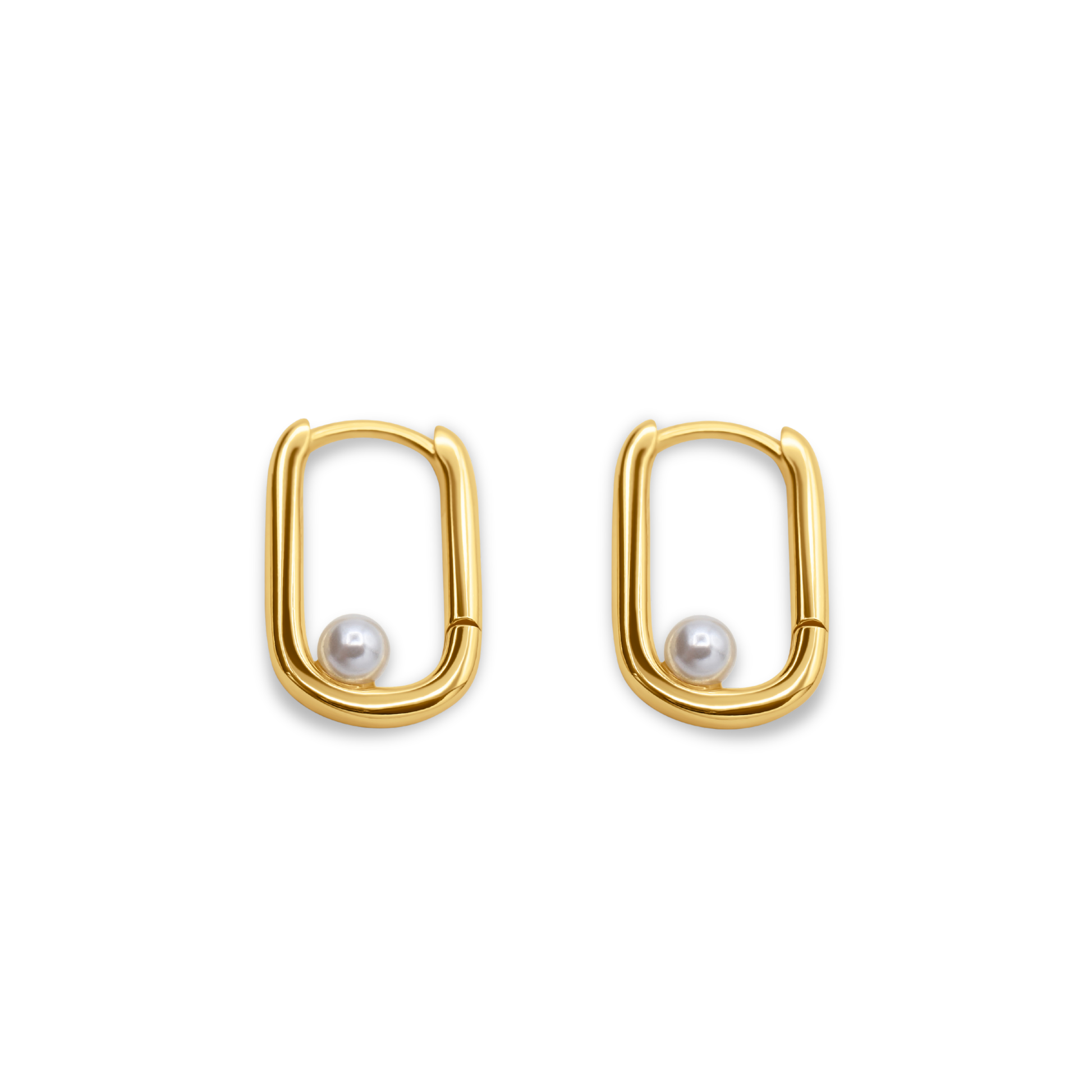 Gold hoop earrings with pearl centers on a white background-Selene-Pearl-Hoops-J.Collins Jewelry