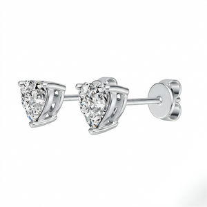 Silver Heart -Cut Diamond Solitaire Stud Earrings with Butterfly Backs on White Background. J. Collins Jewelry 