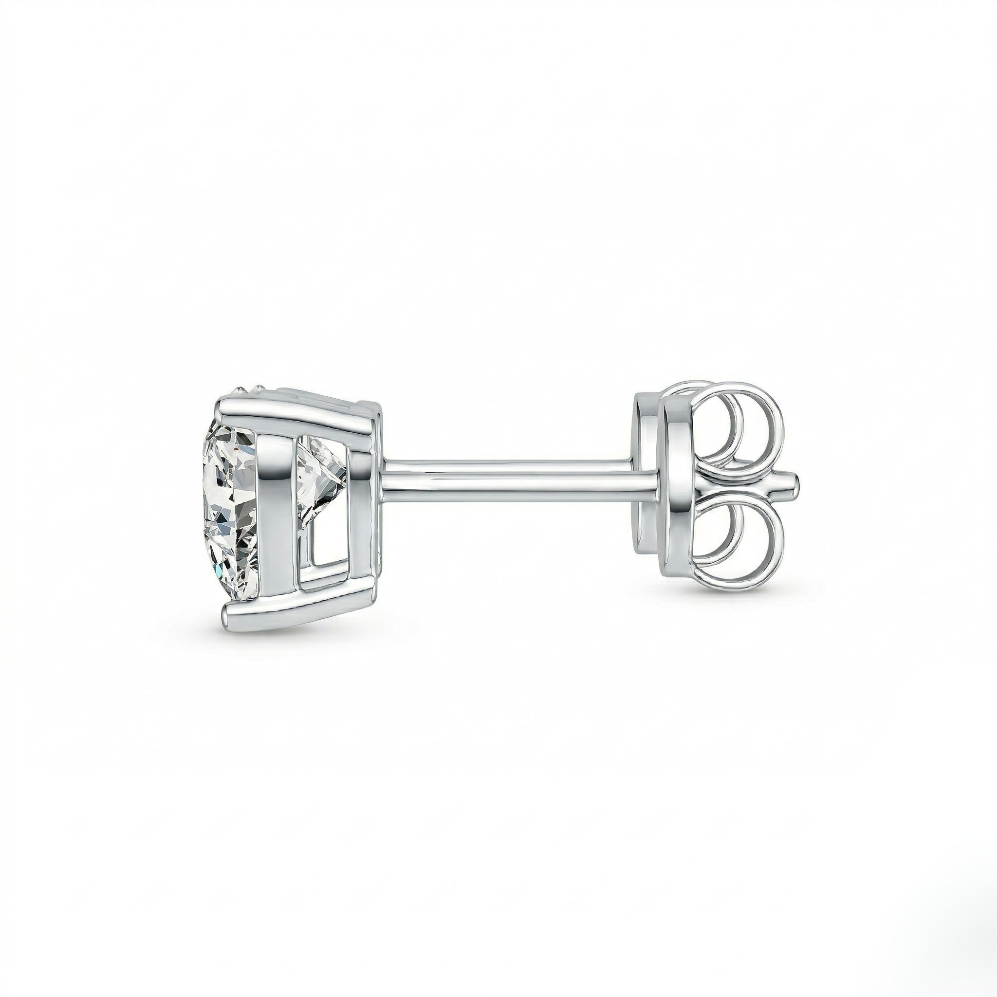 Silver Round Solitaire Diamond Stud Earring Side View with Butterfly Back on White Background - Silver_Heart_Shaped_Crystal_Stud_Earrings 2
