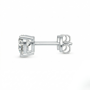 Silver Round Solitaire Diamond Stud Earring Side View with Butterfly Back on White Background - Silver_Heart_Shaped_Crystal_Stud_Earrings 2
