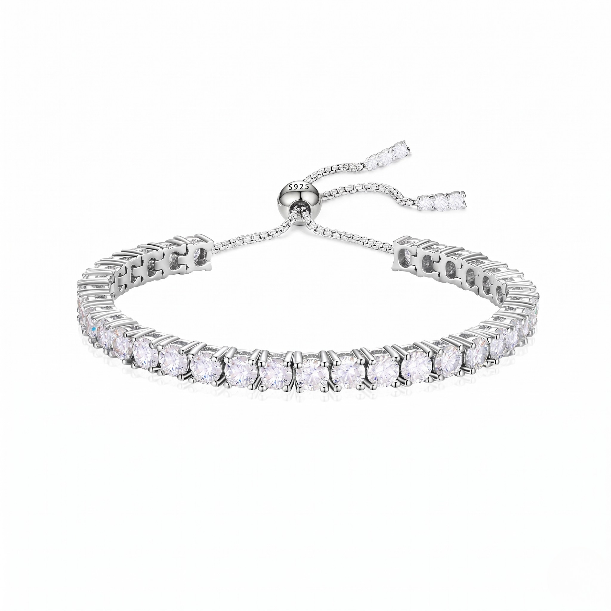 Silver bracelet with clear stones on a white background - Slider Tennis Bracelet - J. Collins Jewelry