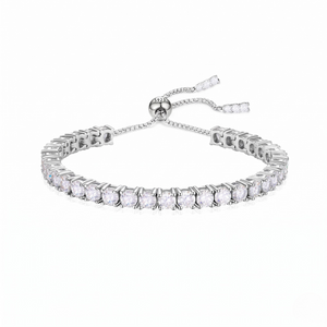Silver bracelet with clear stones on a white background - Slider Tennis Bracelet - J. Collins Jewelry
