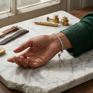 Hand wearing a bracelet on a marble surface with gold accessories - Slider Tennis Bracelet - J. Collins Jewelry