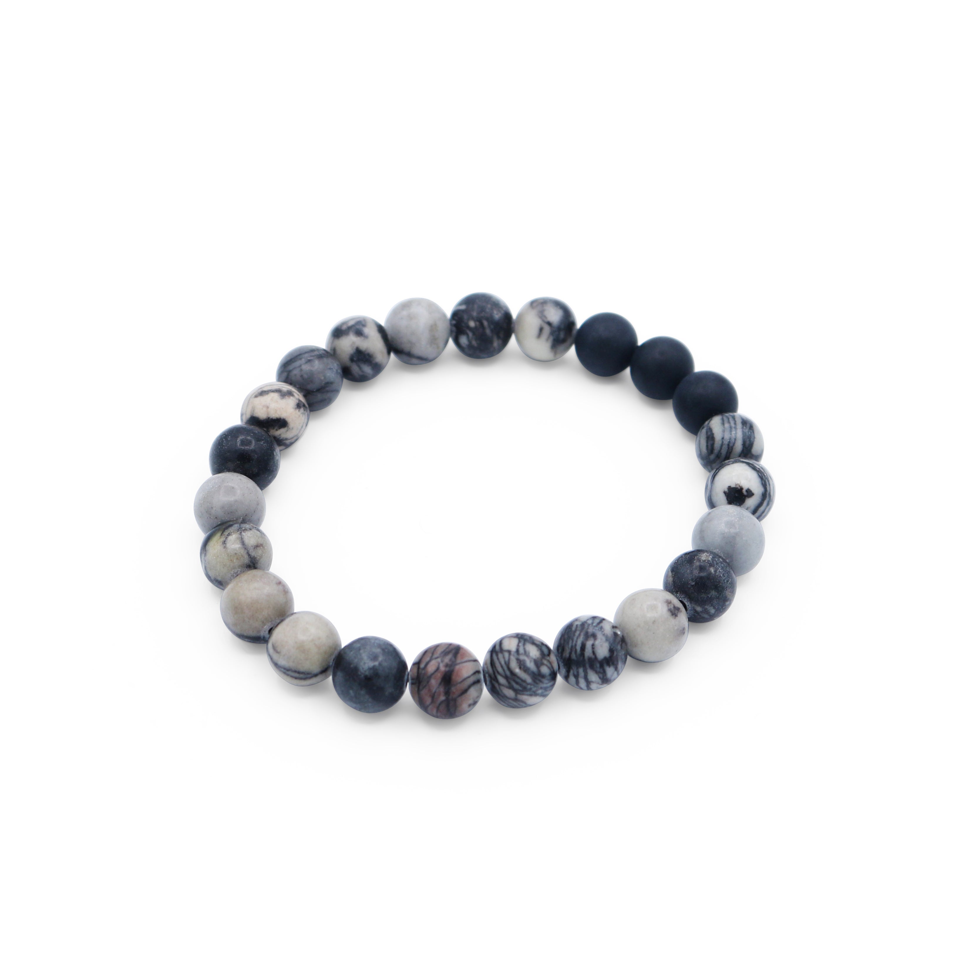Beaded bracelet with blue and gray stones on a white background-J.Collins Jewelry