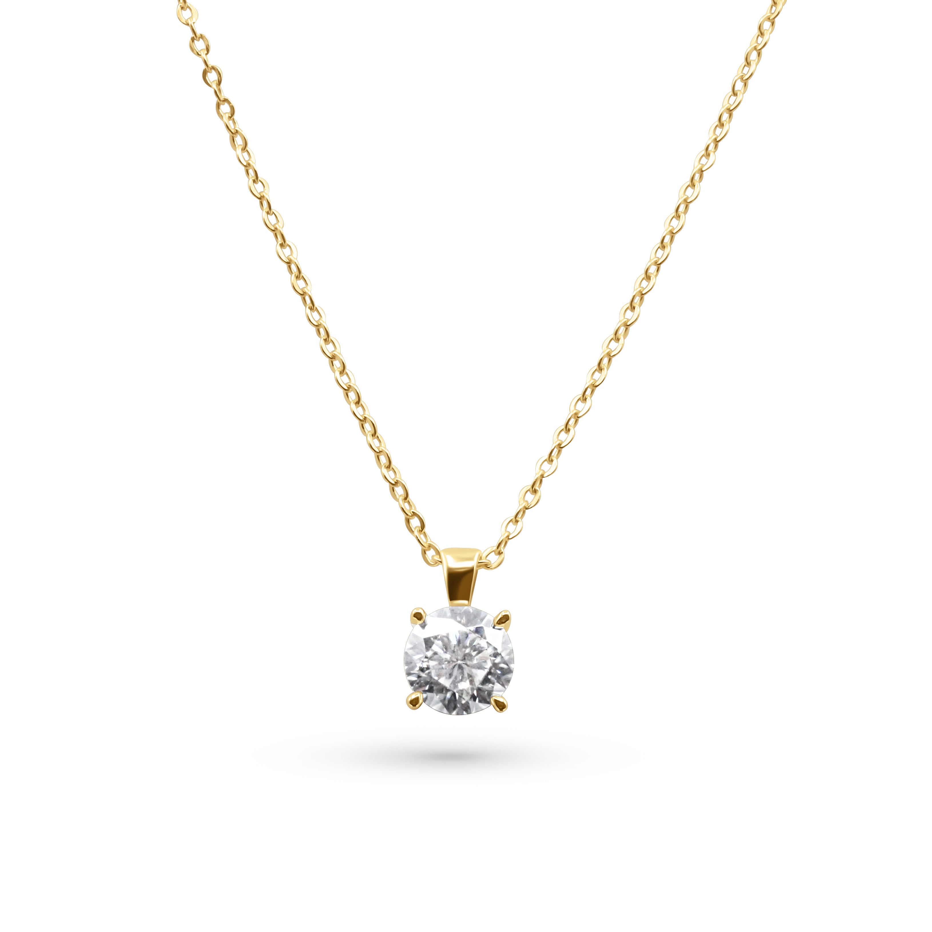 Gold necklace with a round diamond pendant on a white background-Solara-Pendant-Necklace-JCollins