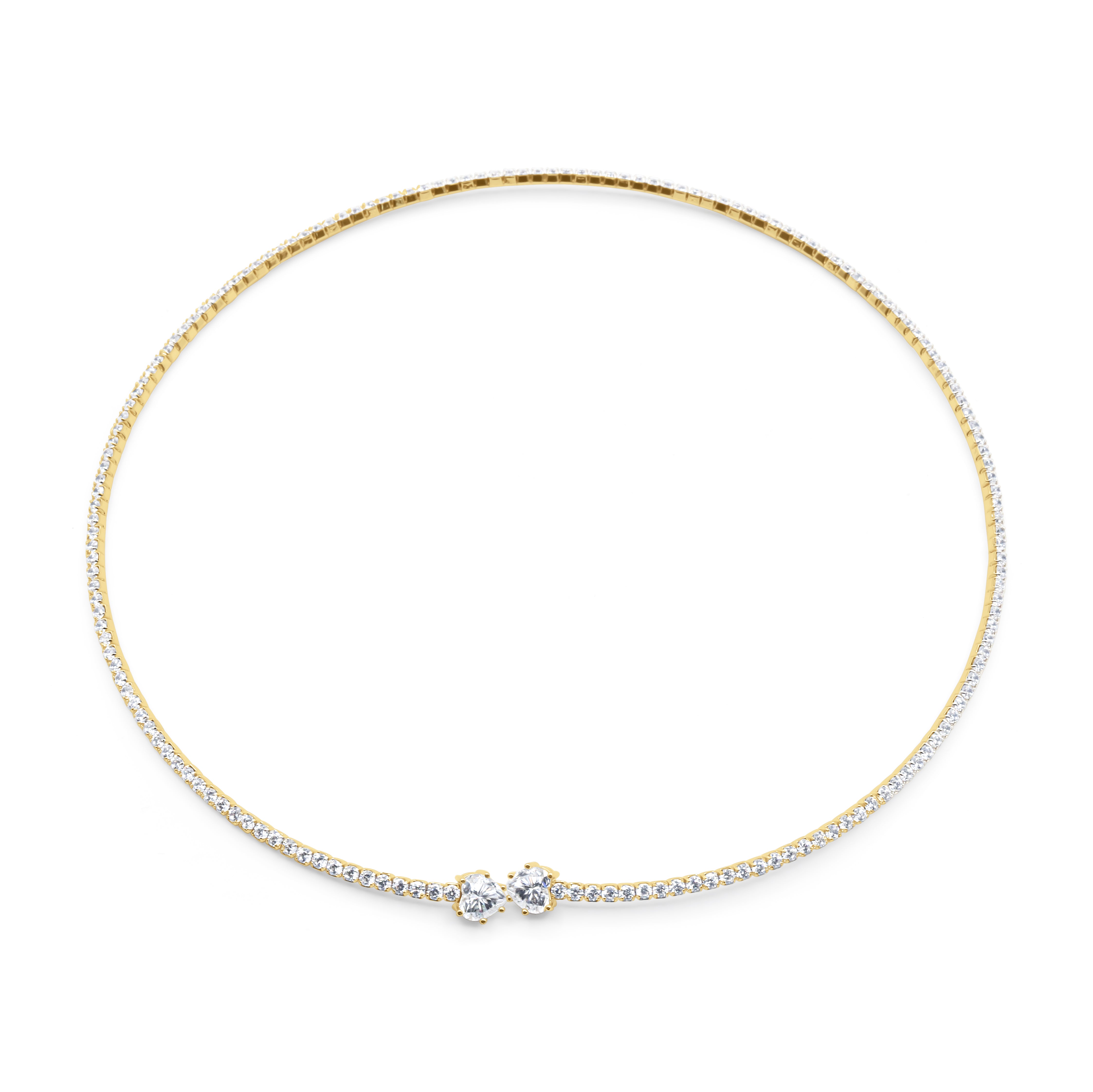 GoldFull Pavé Diamond Open-End Torque Choker Necklace with Graduating Solitaire Diamond Terminals Full View on White Background - J. Collins Jewelry 