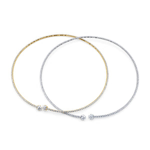 Gold and Silver Full Pavé Diamond Open-End Torque Choker Necklace with Graduating Solitaire Diamond Terminals Shown in Both Colourways on White Background - J. Collins Jewelry 