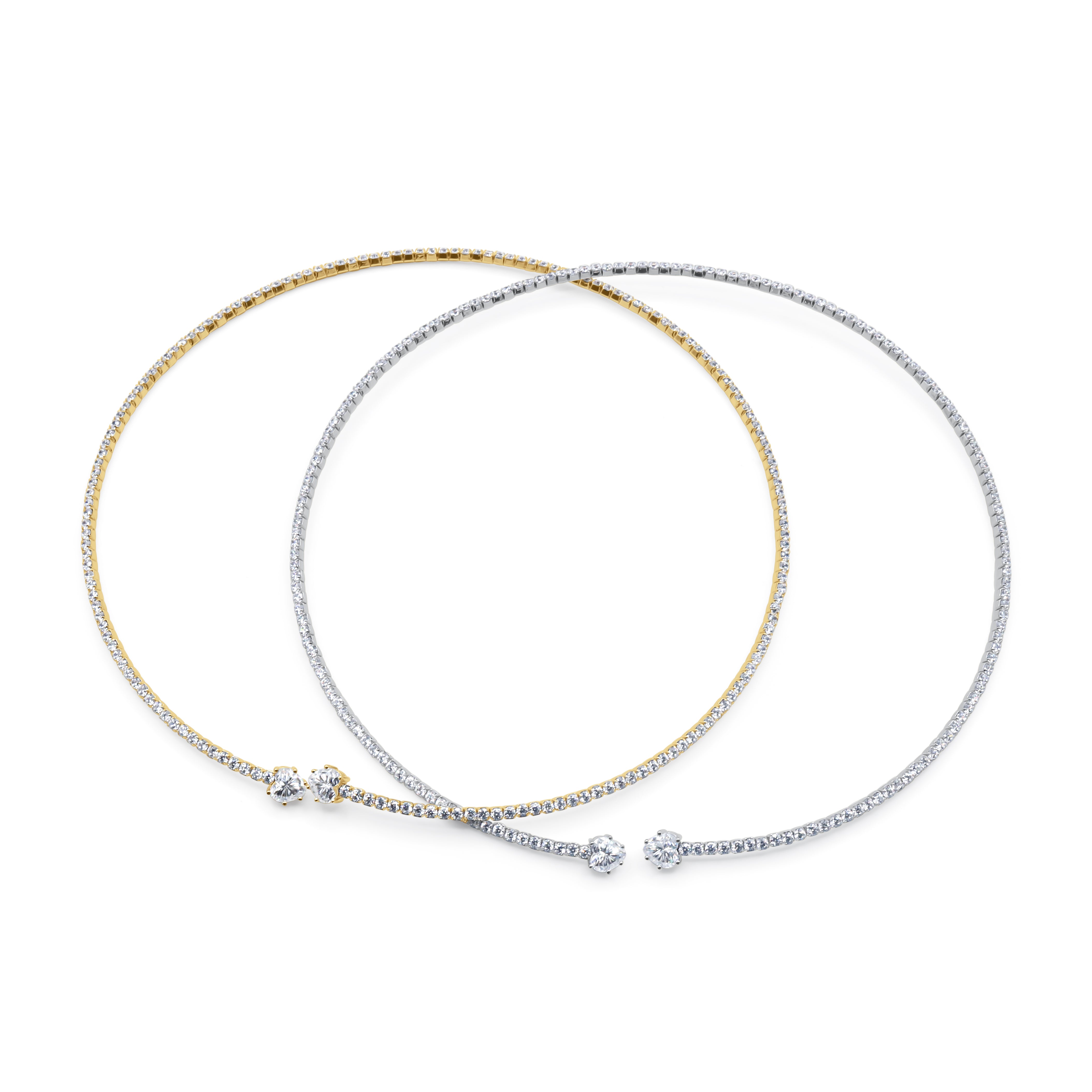 Gold and Silver Full Pavé Diamond Open-End Torque Choker Necklace with Graduating Solitaire Diamond Terminals Shown in Both Colourways on White Background - J. Collins Jewelry 