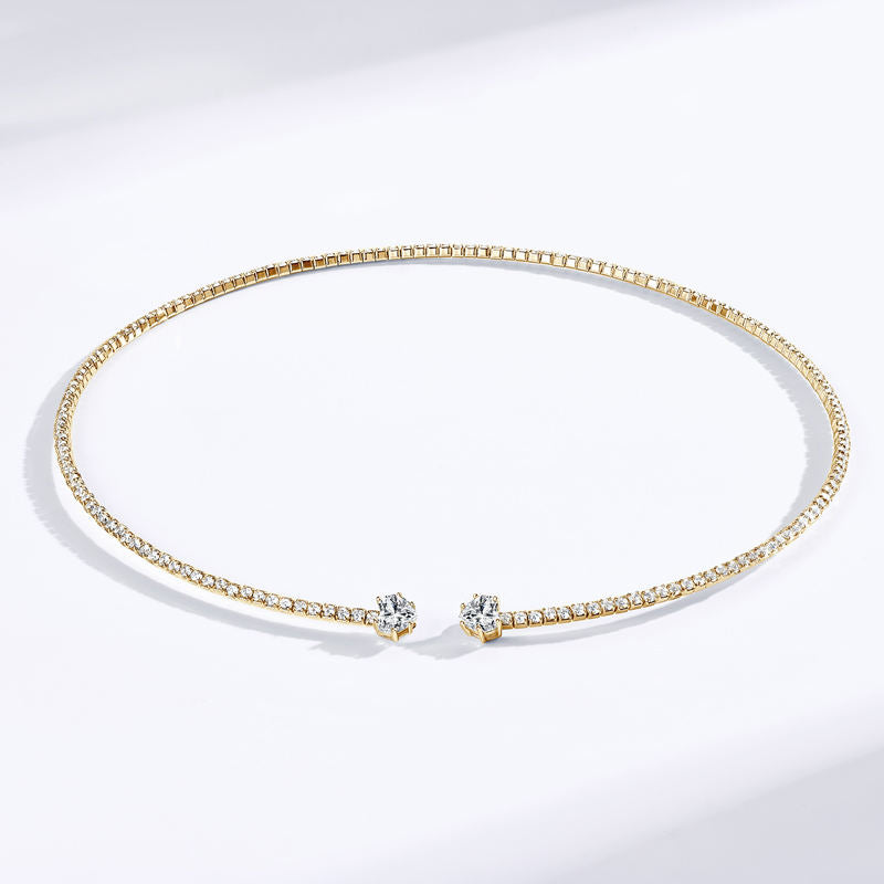 Gold Full Pavé Diamond Open-End Torque Choker Necklace with Graduating Solitaire Diamond Terminals Full View on White Background - J. Collins Jewelry 