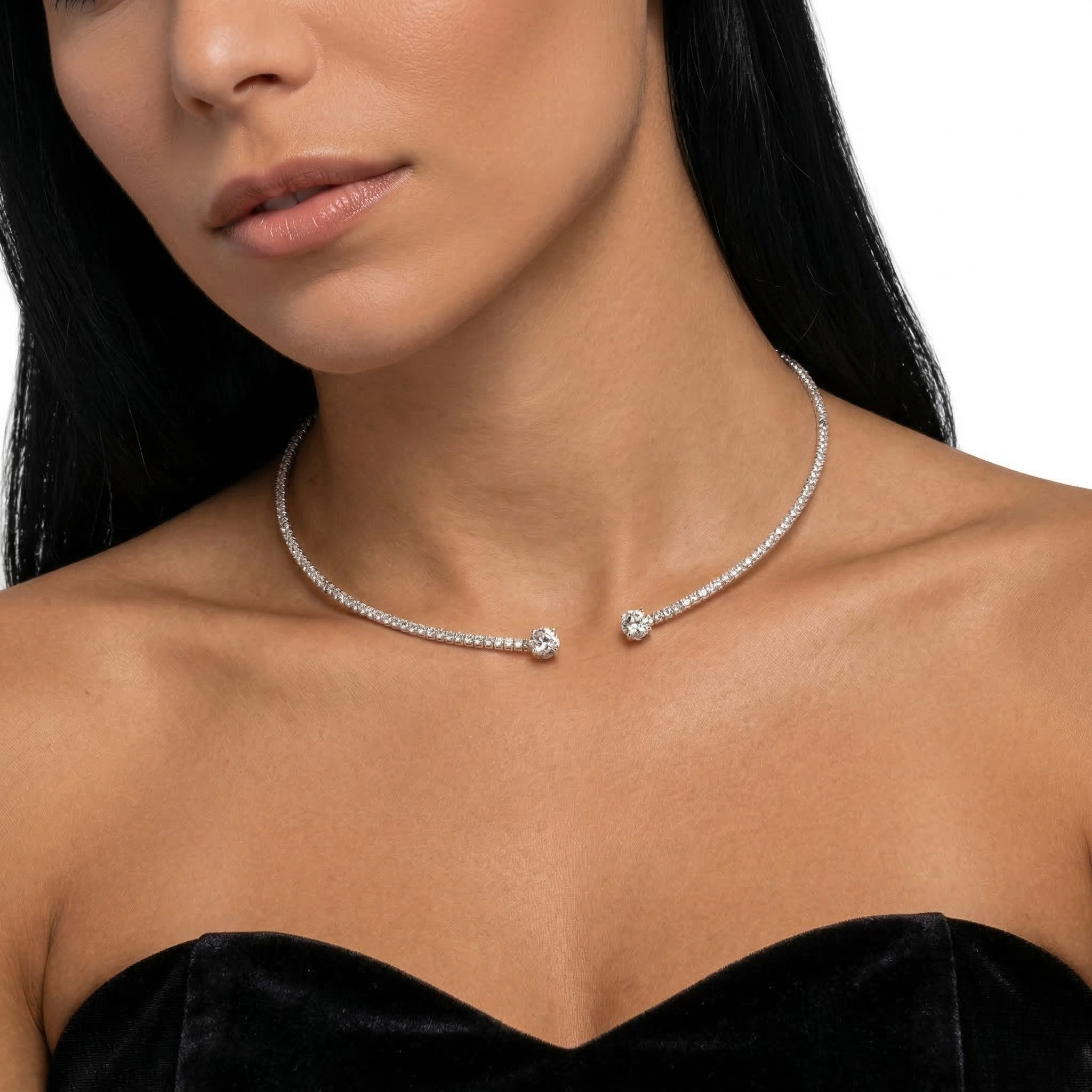 Silver Full Pavé Diamond Open-End Torque Choker Necklace with Graduating Solitaire Diamond Terminals Worn on Female Neck with Black Strapless Top - J. Collins Jewelry 