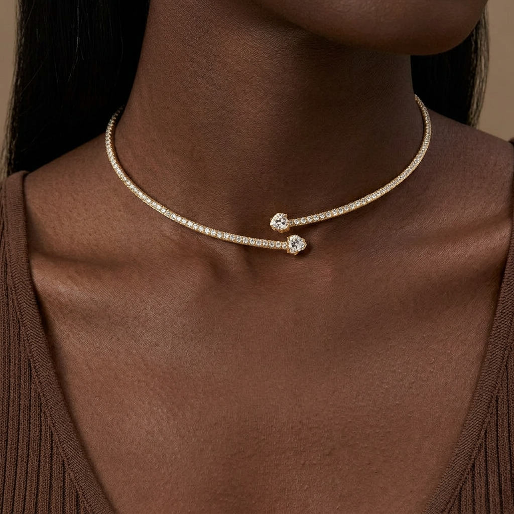 Gold Full Pavé Diamond Open-End Torque Choker Necklace with Graduating Solitaire Diamond Terminals Worn on Female Neck with Brown Knit Top - J. Collins Jewelry 