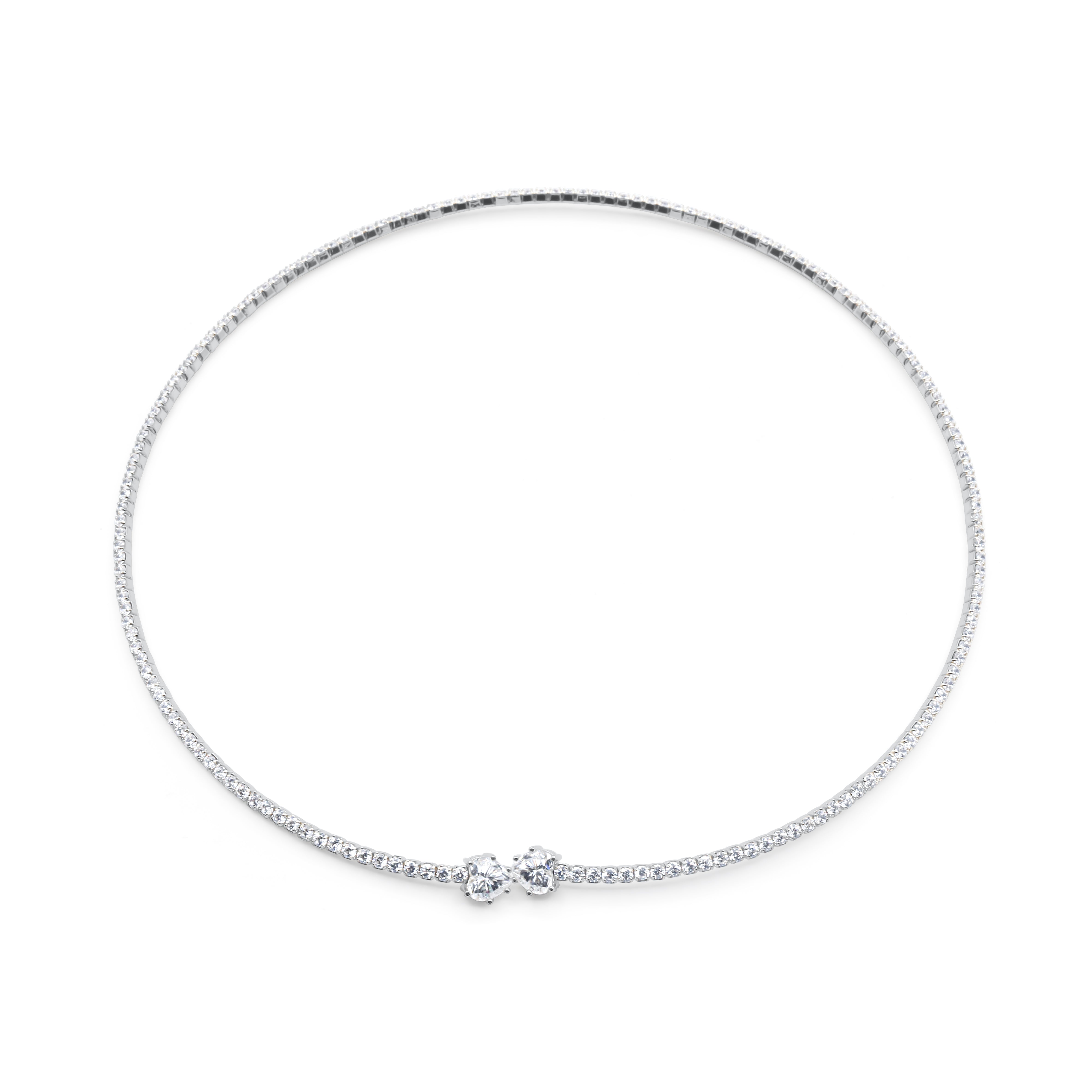 Silver Full Pavé Diamond Open-End Torque Choker Necklace with Graduating Solitaire Diamond Terminals Full View on White Background - J. Collins Jewelry 