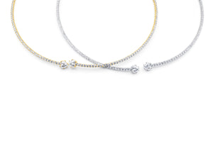 Up close image Gold and Silver Full Pavé Diamond Open-End Torque Choker Necklace with Graduating Solitaire Diamond Terminals Shown in Both Colourways on White Background - J. Collins Jewelry 