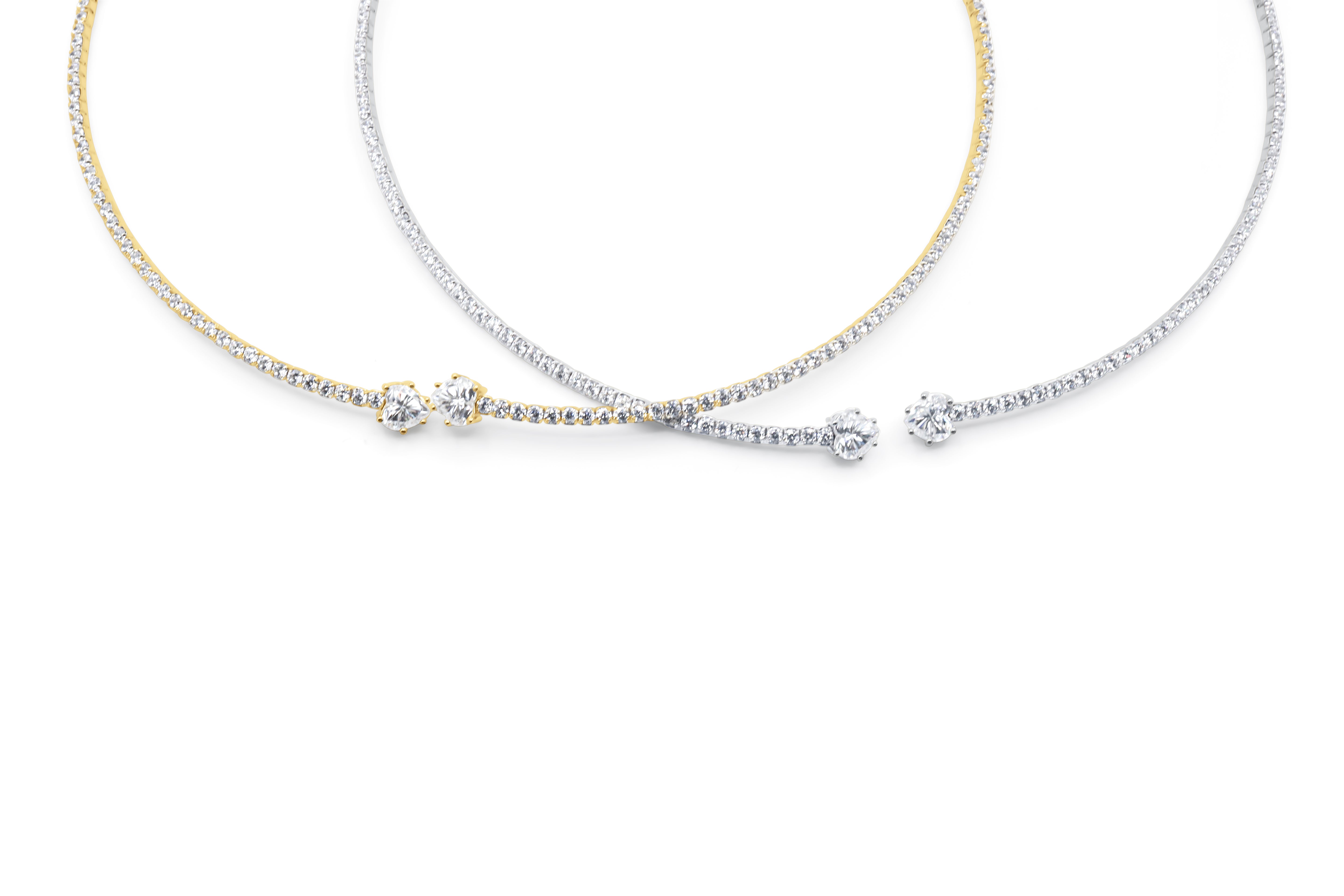Up close image Gold and Silver Full Pavé Diamond Open-End Torque Choker Necklace with Graduating Solitaire Diamond Terminals Shown in Both Colourways on White Background - J. Collins Jewelry 