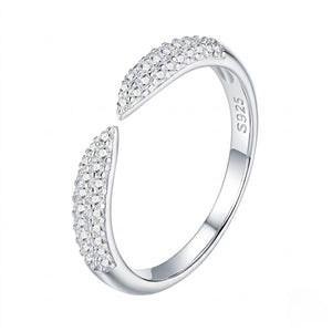 Adjustable S925 sterling silver open cuff  ring featuring tapered pavé cubic Moissanite crystal tips with visible hallmark stamp by J.Collins
