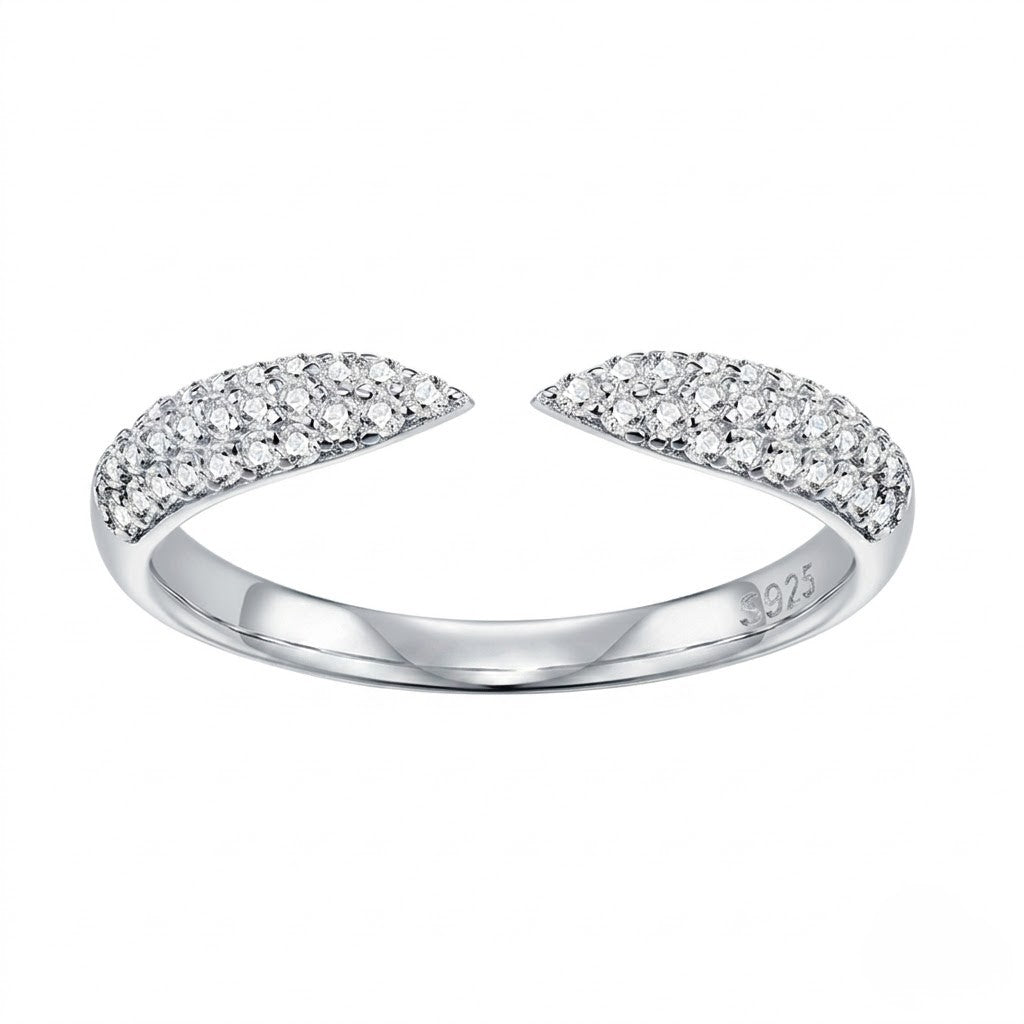 
S925 sterling silver open cuff wrap ring featuring micro-paved cubic Moissanite crystals on tapered ends with visible hallmark stamp by J.Collins
