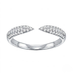 
S925 sterling silver open cuff wrap ring featuring micro-paved cubic Moissanite crystals on tapered ends with visible hallmark stamp by J.Collins
