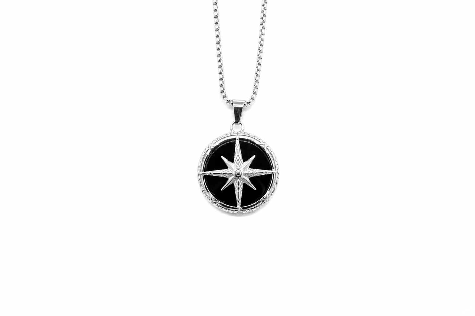 Black and silver compass pendant necklace on a white background-J.Collins Jewelry