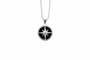 Black and silver compass pendant necklace on a white background-J.Collins Jewelry