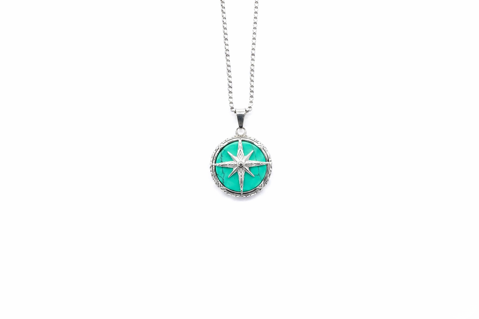 Necklace with a round pendant featuring a star design on a white background-J.Collins Jewelry