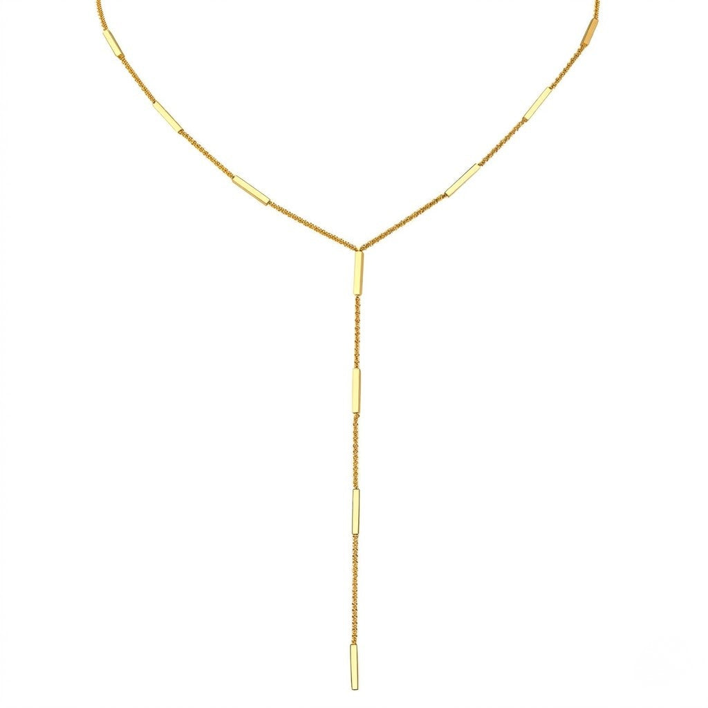 A gold Y-necklace featuring a fine chain that splits into two upper chains with small cylindrical links, and a longer central drop chain with several matching cylindrical links, shown on a plain white background - J.Collins Jewelry