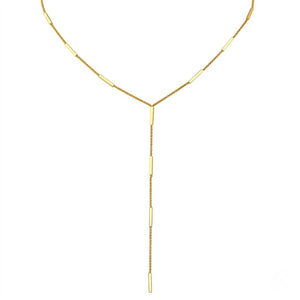 A gold Y-necklace featuring a fine chain that splits into two upper chains with small cylindrical links, and a longer central drop chain with several matching cylindrical links, shown on a plain white background - J.Collins Jewelry