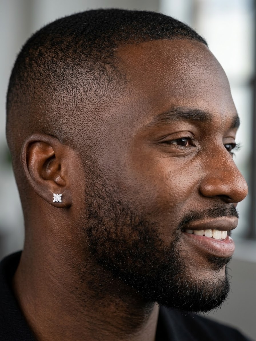 A close-up side profile of a man with a short haircut and beard, wearing a small silver geometric stud earring in his earlobe.