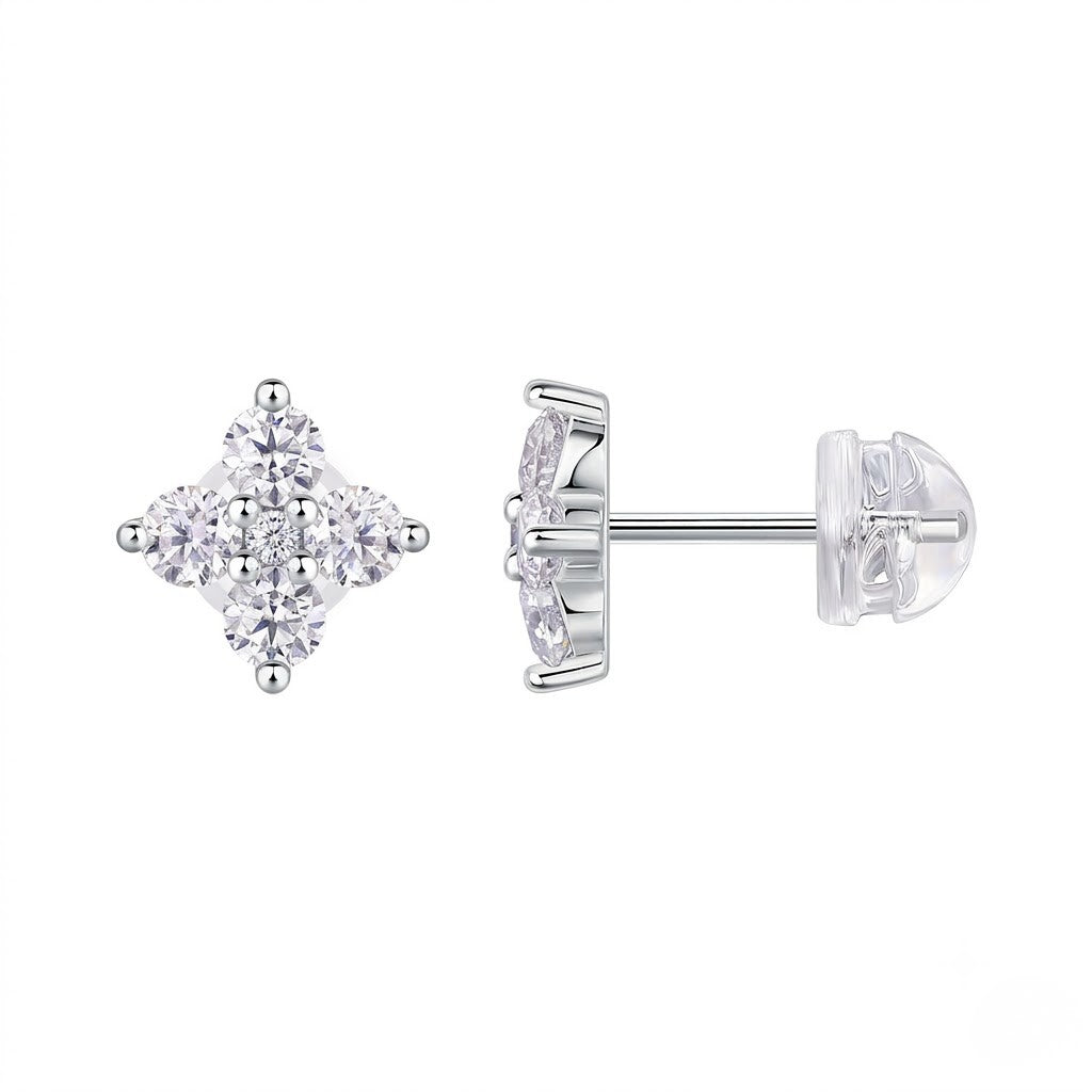 Sterling silver moissanite stud earrings showing front and side profile views. J.Collins Jewelry 