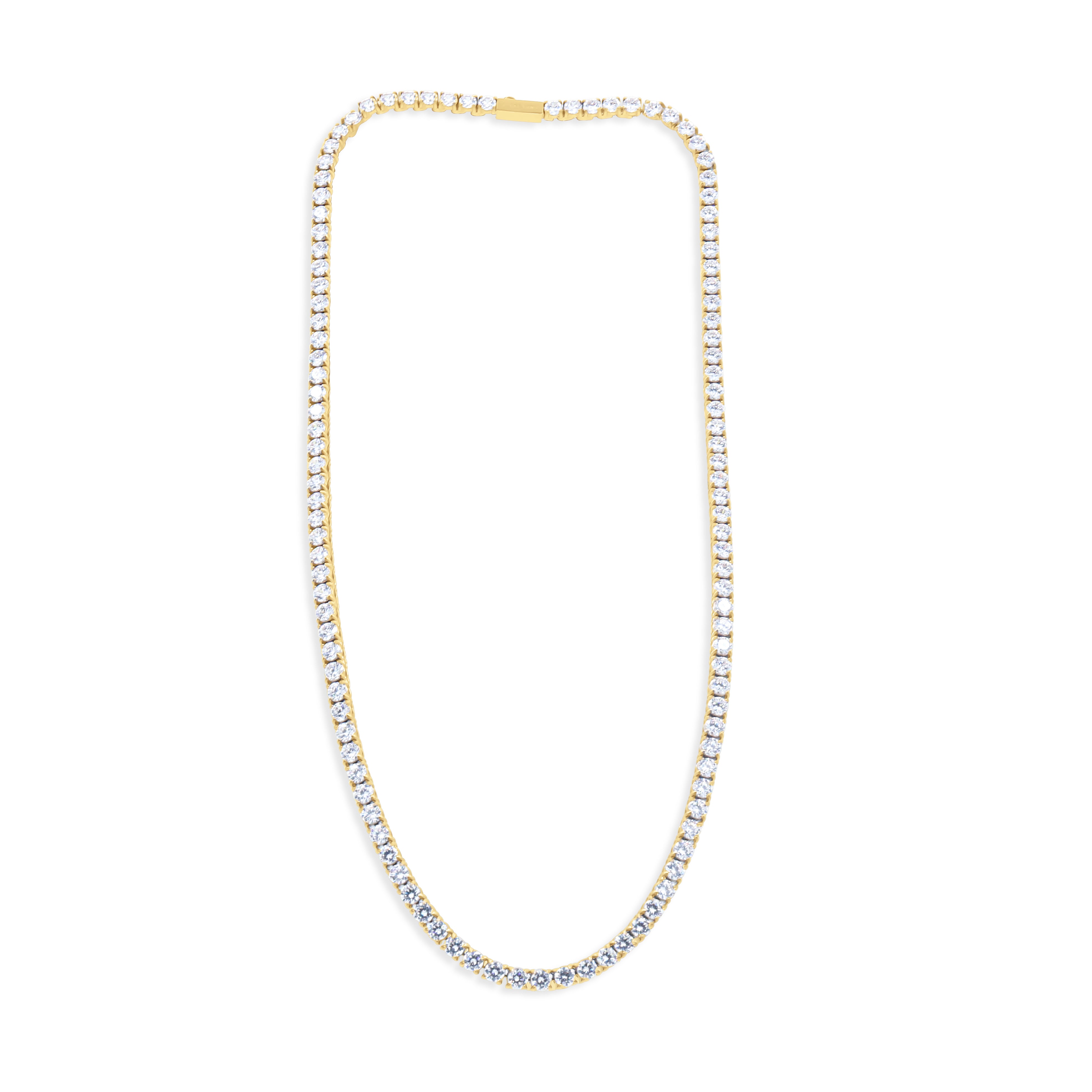 Gold necklace with clear stones on a white background - Tennis Chain 3mm (Gold) by J.Collins Jewelry 