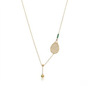 Gold tennis theme necklace with a detailed racket charm and a dangling green enamel tennis ball isolated on a white background | J.Collins Jewelry