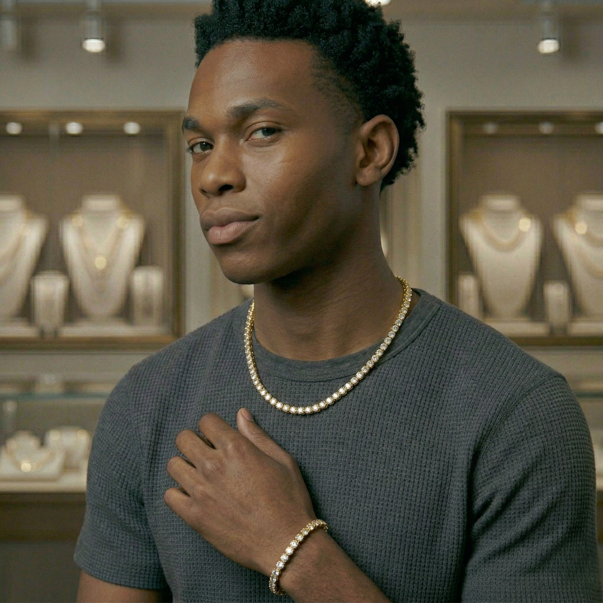 Man wearing a gold tennis necklace and a tennis chain bracelet in a jewelry store-Tennis Chain 5mm (Gold) by J.Collins Jewelry 