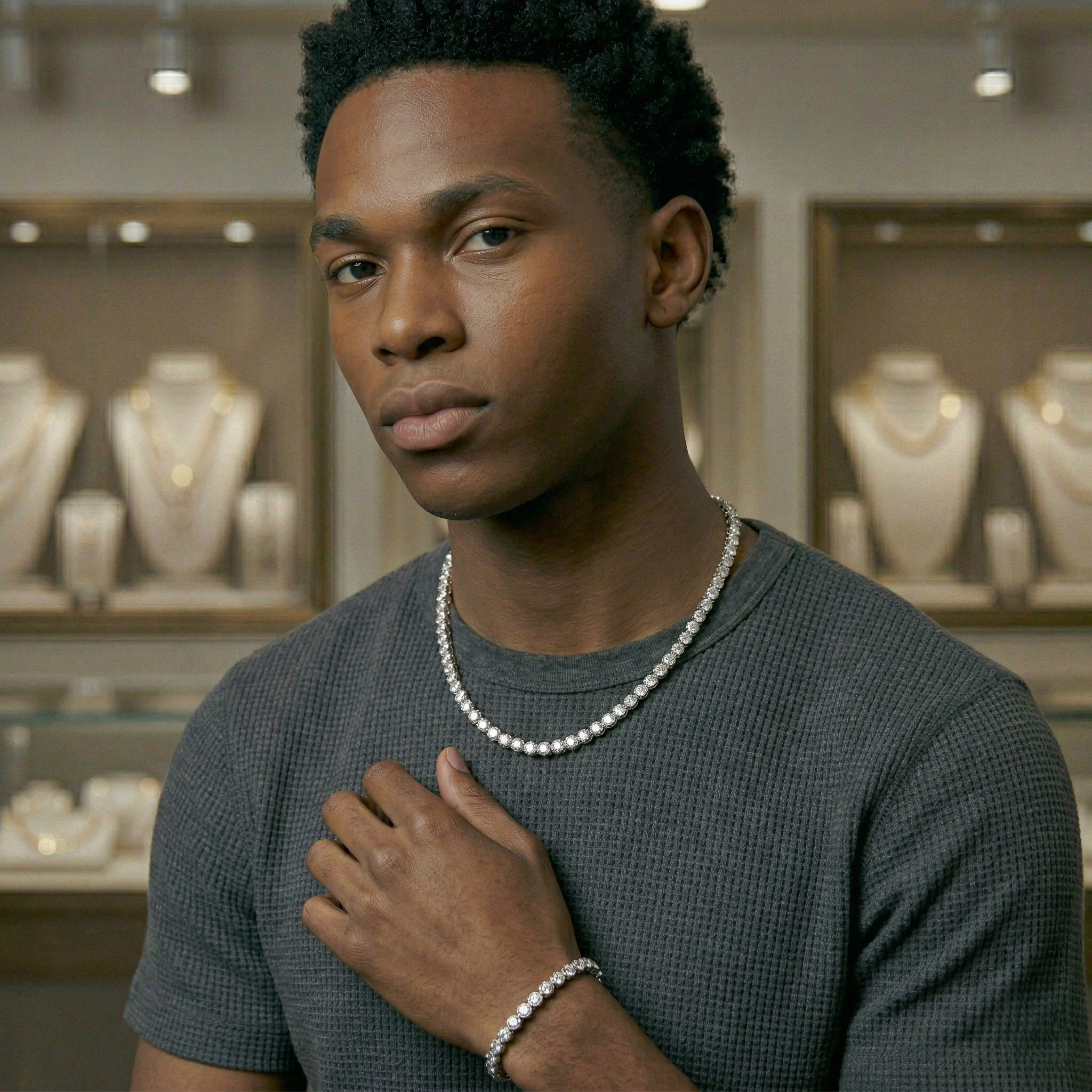 Man wearing a tennis chain necklace &  tennis chain bracelet  in a jewelry store - Tennis Chain 5mm (Gold) by J.Collins Jewelry 