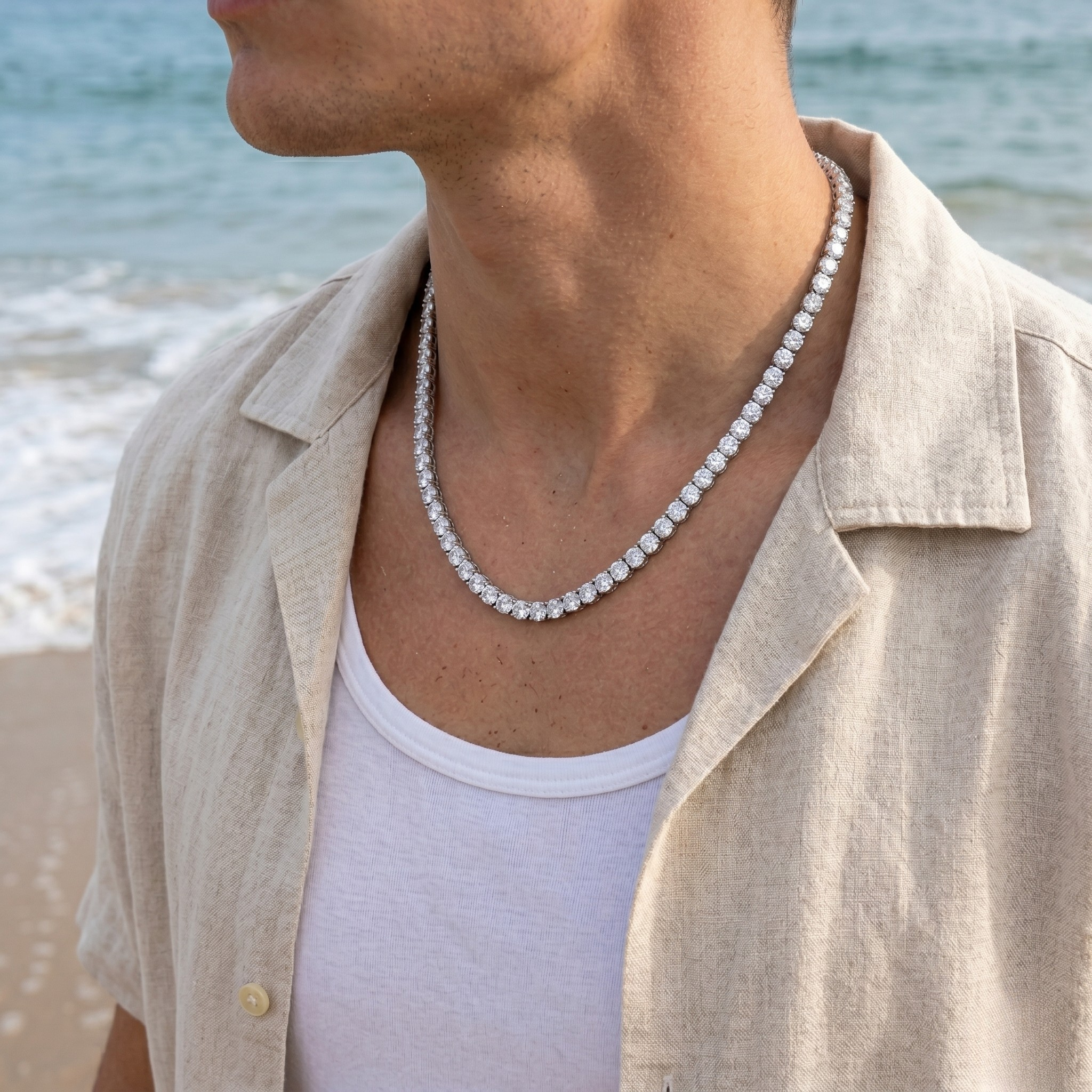 Man wearing a Tennis necklace on a beach - Tennis Chain 5mm (Gold) - J.Collins Jewelry
