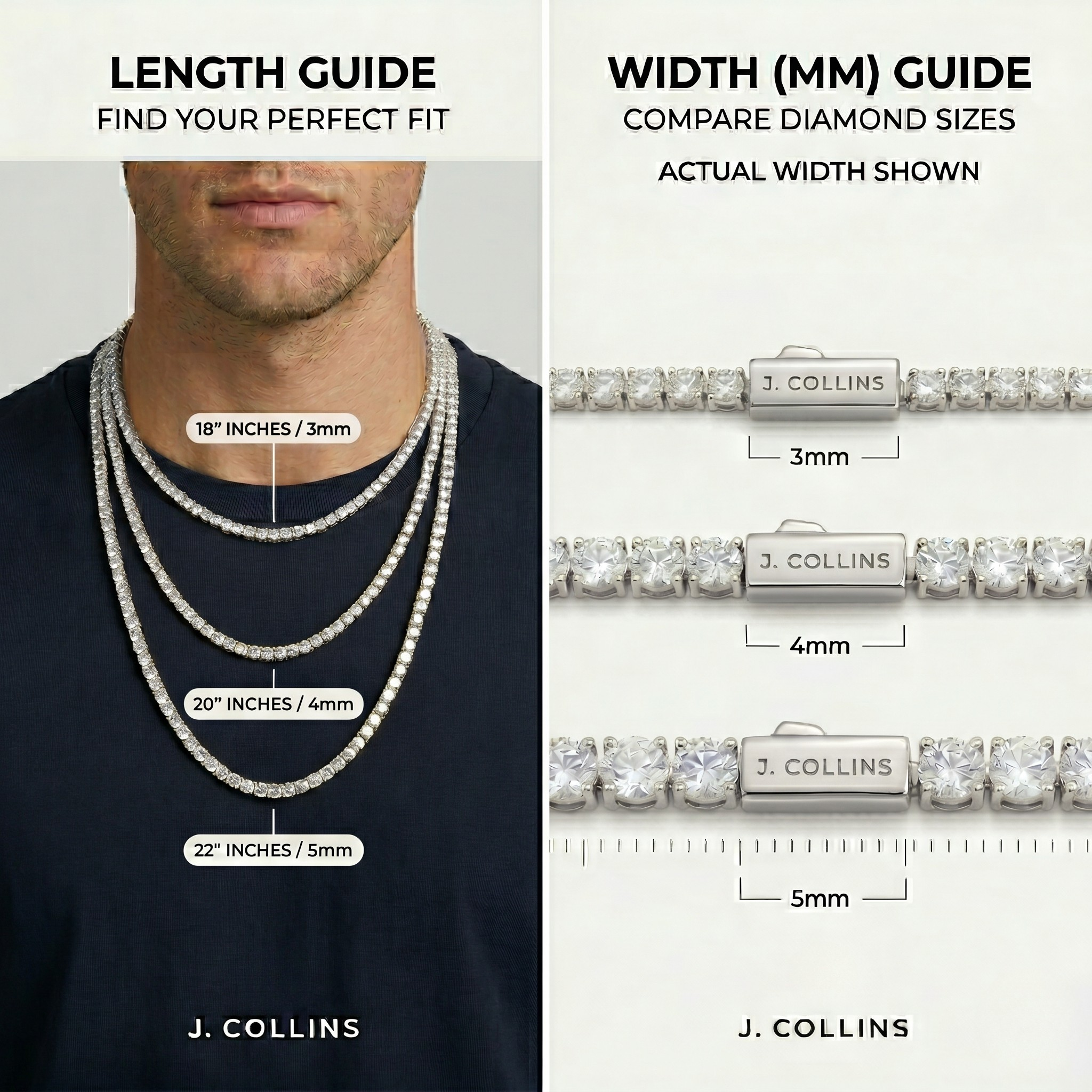 J. Collins jewelry length and width guides