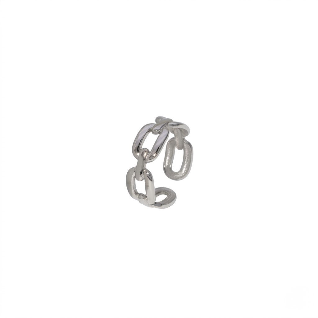 A silver-toned metal ring featuring a unique interlocking chain-link design, shown on a plain white background - J.Collins Jewelry