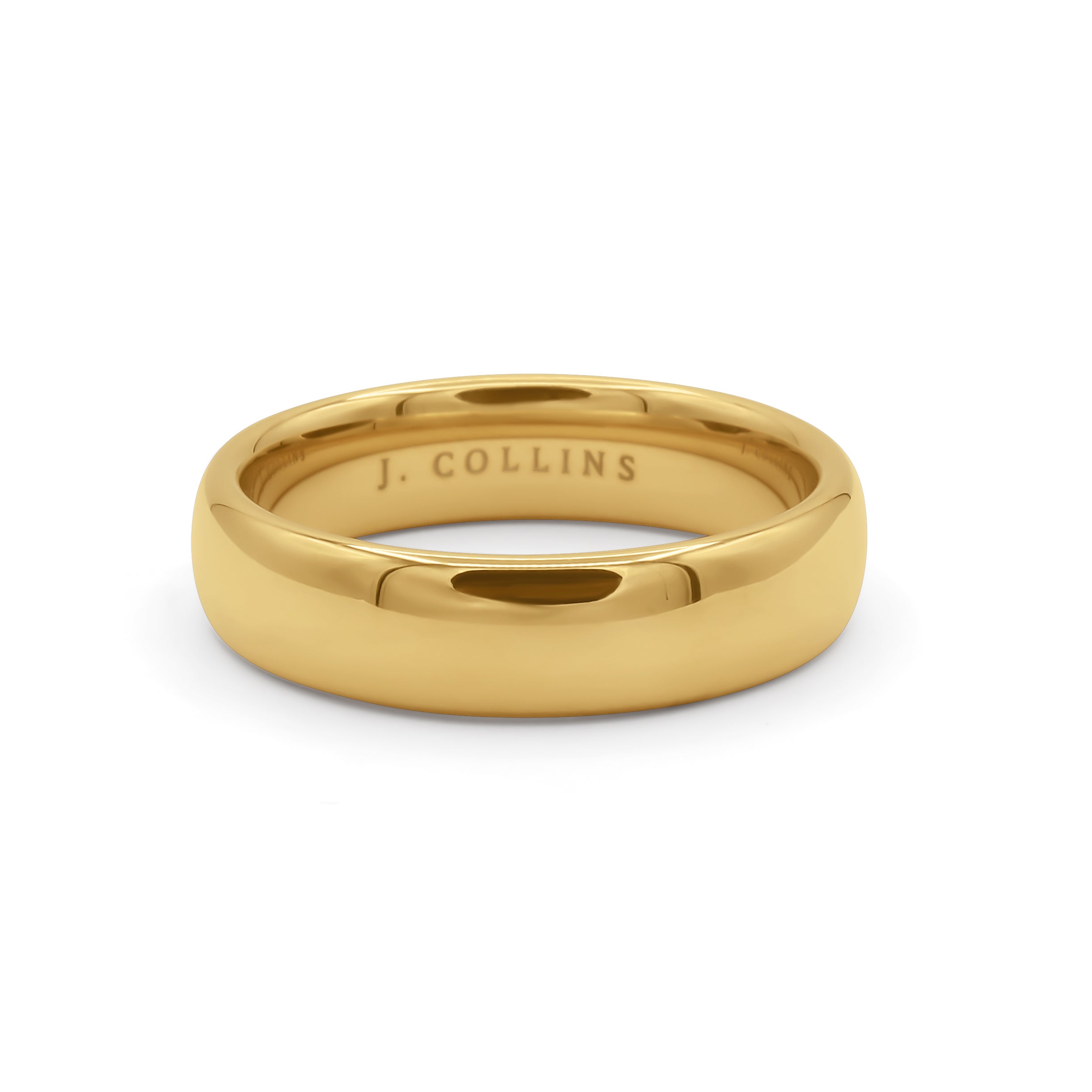 The Dynasty 6mm (Gold) ring with 'J. Collins' engraving on a white background