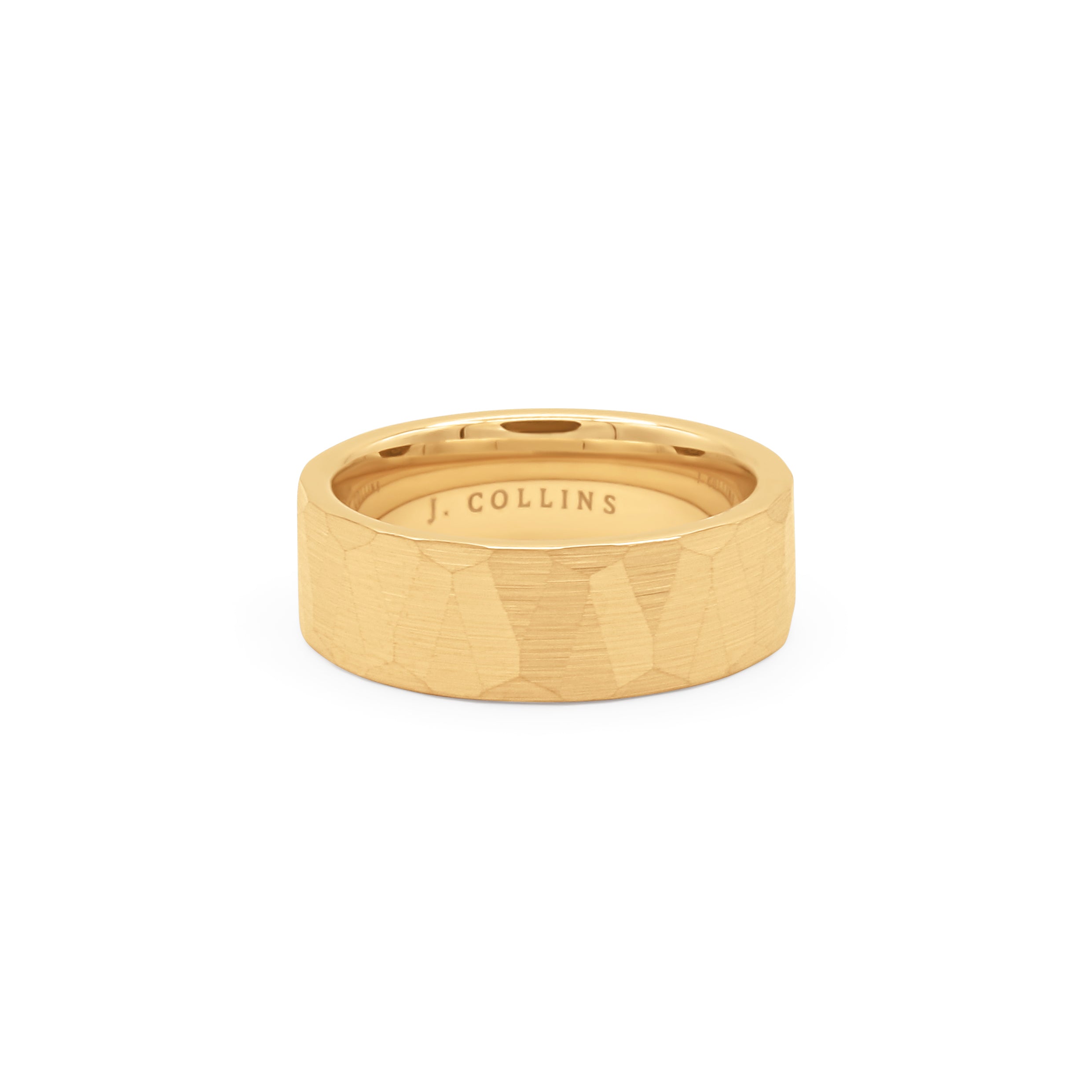 The Horizon (Gold) ring with 'J. Collins' engraving on a white background