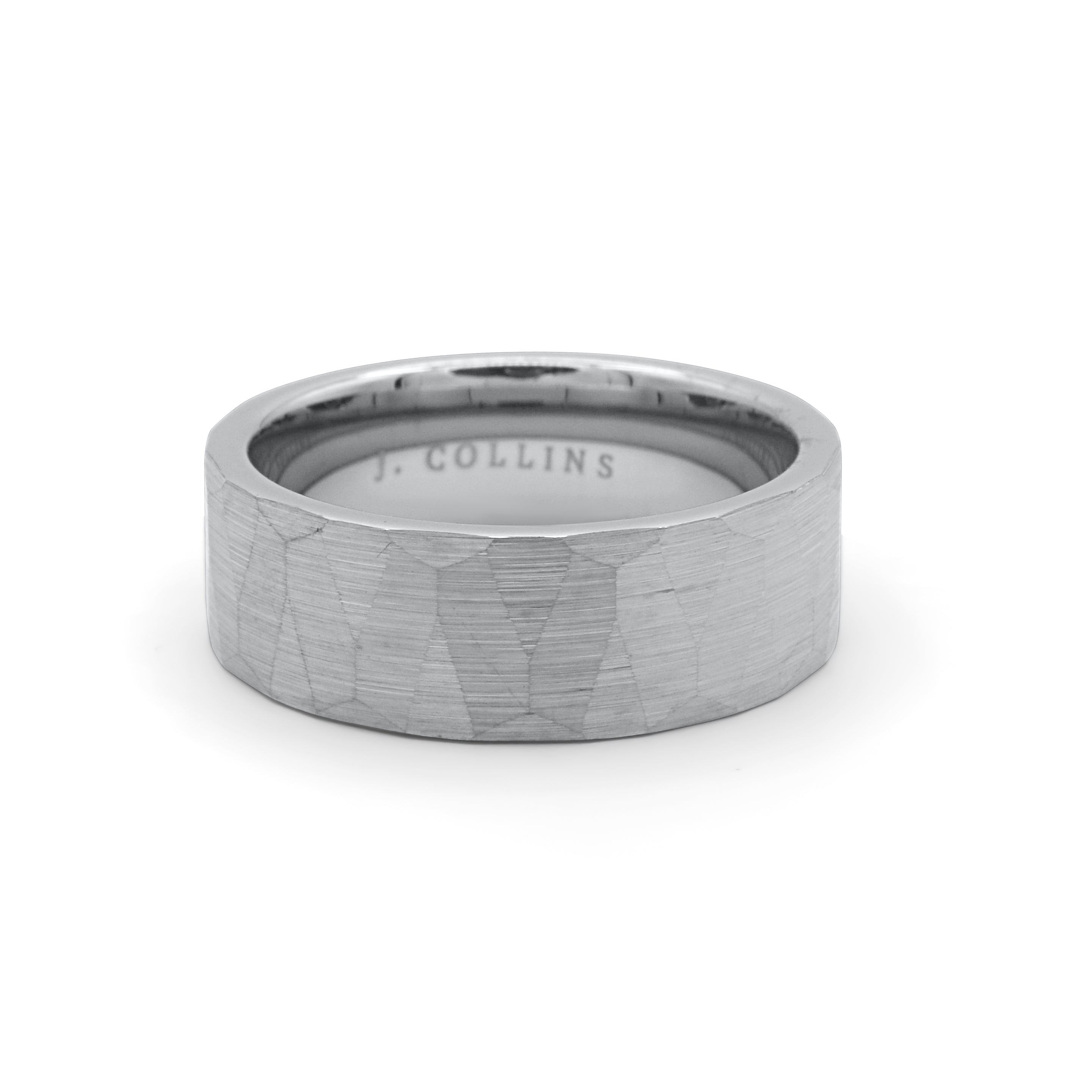 The Horizon (Silver) ring with 'J. Collins' engraving on a white background