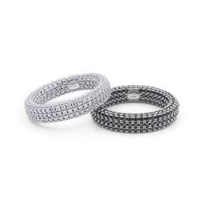 Silver and Black Triple Row Pavé Diamond Eternity Wedding Band Rings Shown Together on White Background - J. Collins Jewelry 