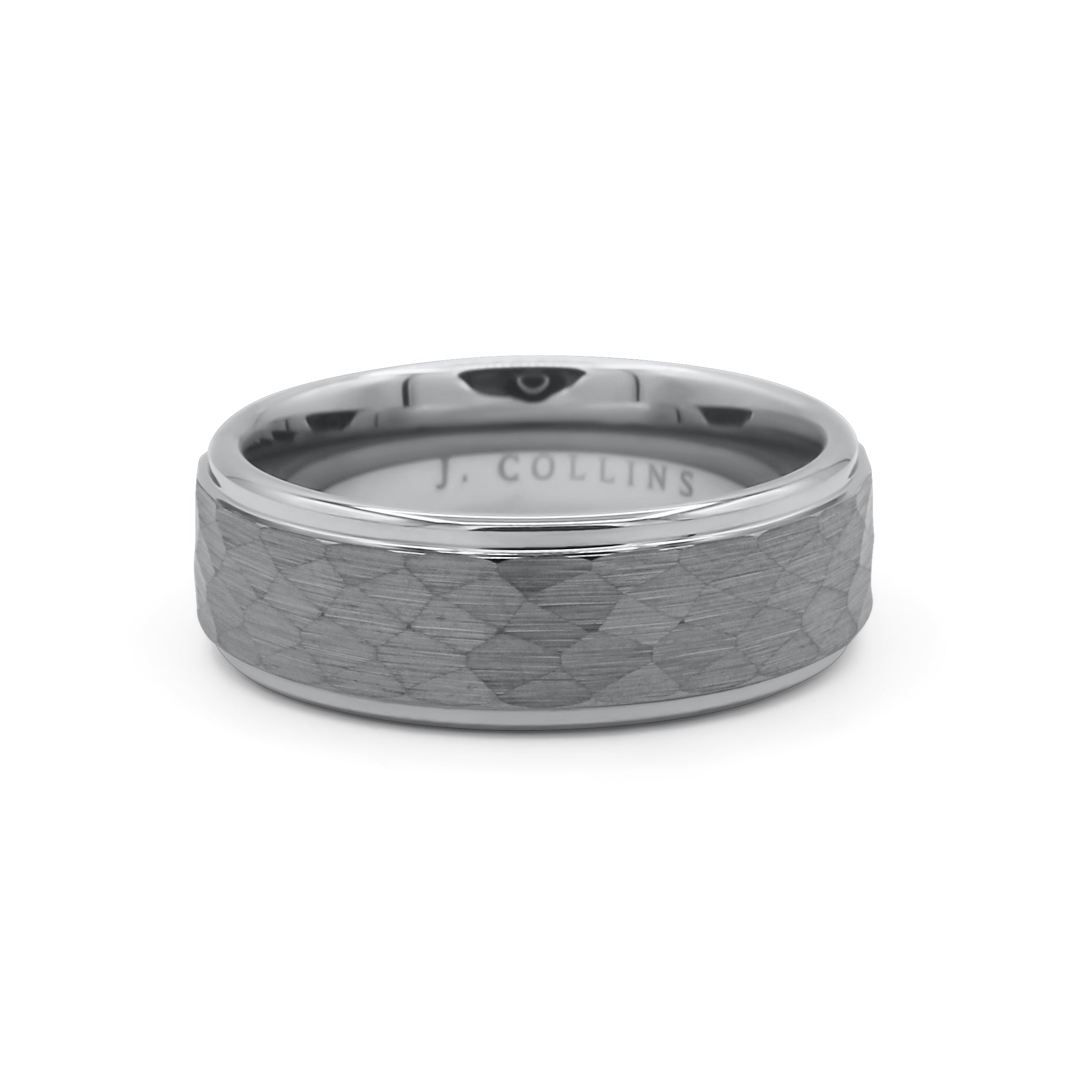 The Monarch 8mm (Silver) ring with a textured band on a white background-J.Collins Jewelry